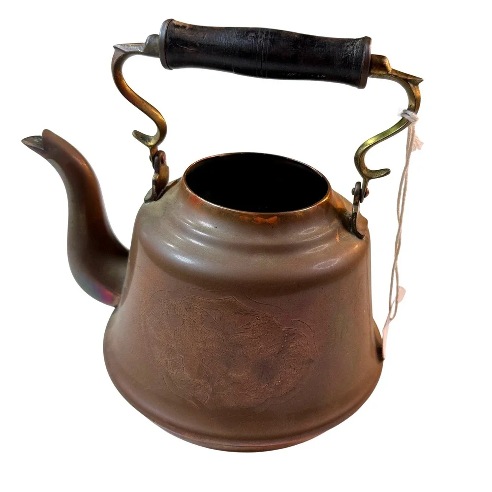 Vintage MCM Copper Tea Kettle Etched Floral Swan Spout Wood Handle‎ Rustic Decor